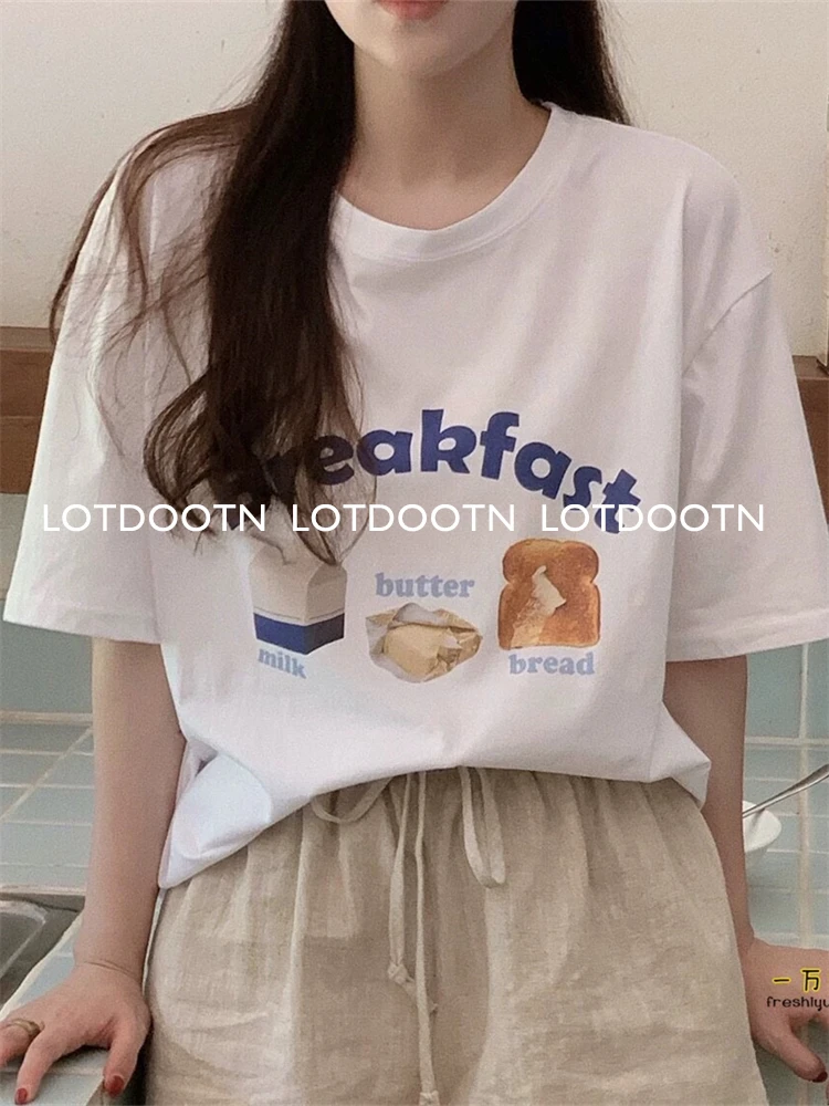 LOTDOOTN-camisetas con estampado de desayuno para mujer, ropa de calle de manga corta con cuello redondo, Harajuku japonés, 100% algodón