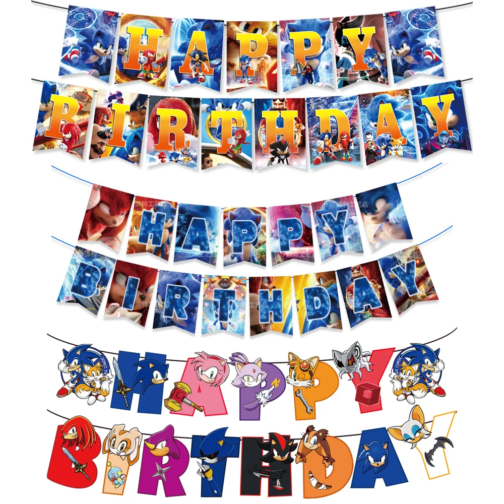 1Set/lot Sonic Theme Bunting Happy Birthday Flags Decorations Hanging Banner Baby Shower Events Party Supplies