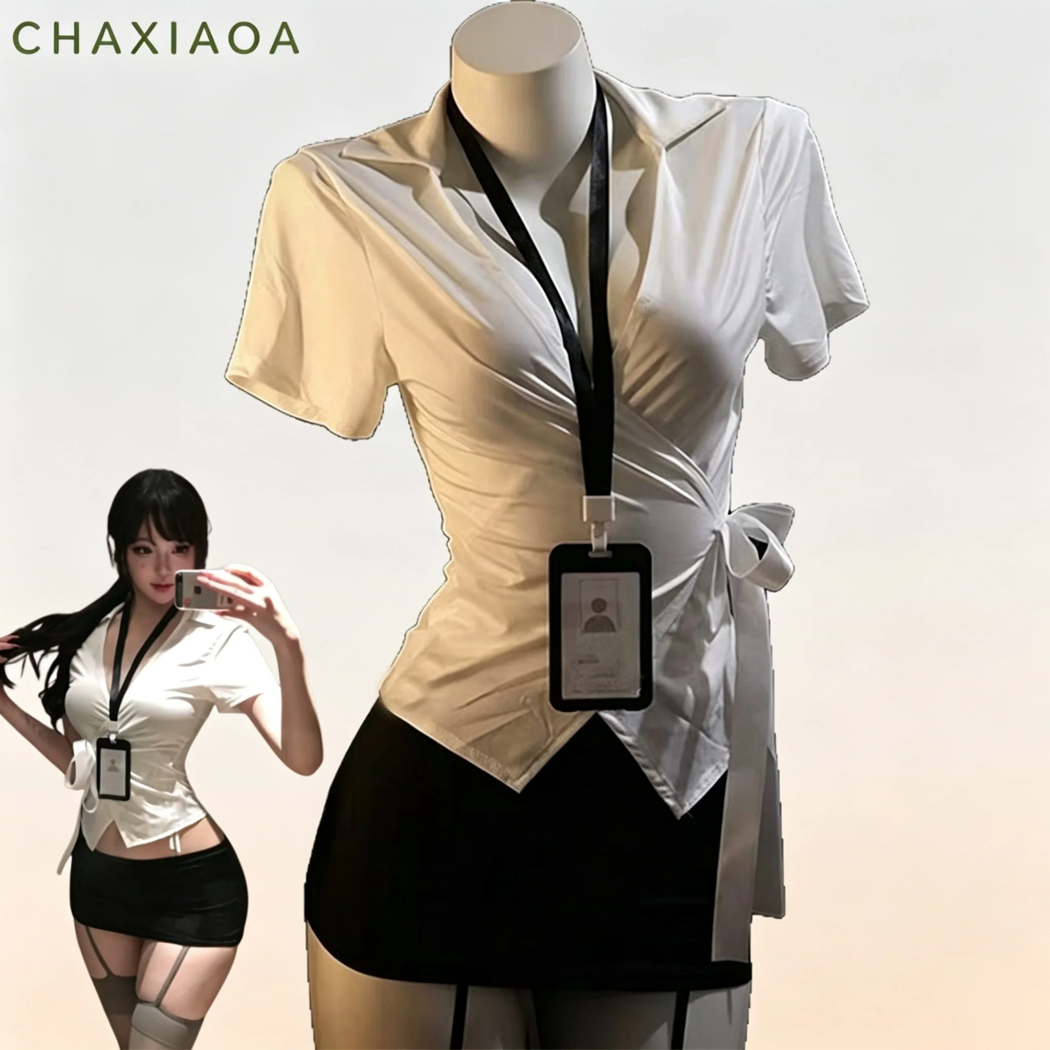 Sexy Secretary Lingerie Set Women Office Uniform Outfit V‑Neck Wrap Blouse Mini Bodycon Skirt Lanyard Role Play Uniform 2026 view 2
