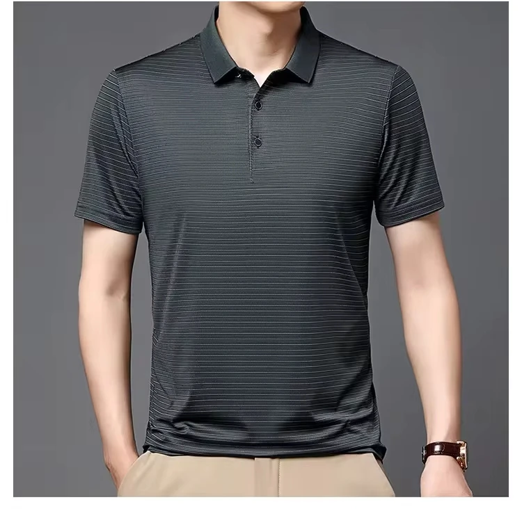 Summer New Ice Silk Polo Shirts Men's Short Sleeve Lapel Striped Printing Business Casual T-shirt Breathable All Match Tops Male