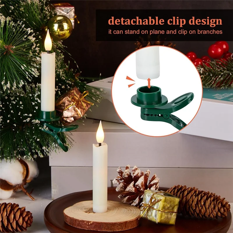 ABGR-LED Taper Candles Light Set 12 Pieces Flameless 3D Wick Candles With Clip-On Christmas Tree Design Warm White Light