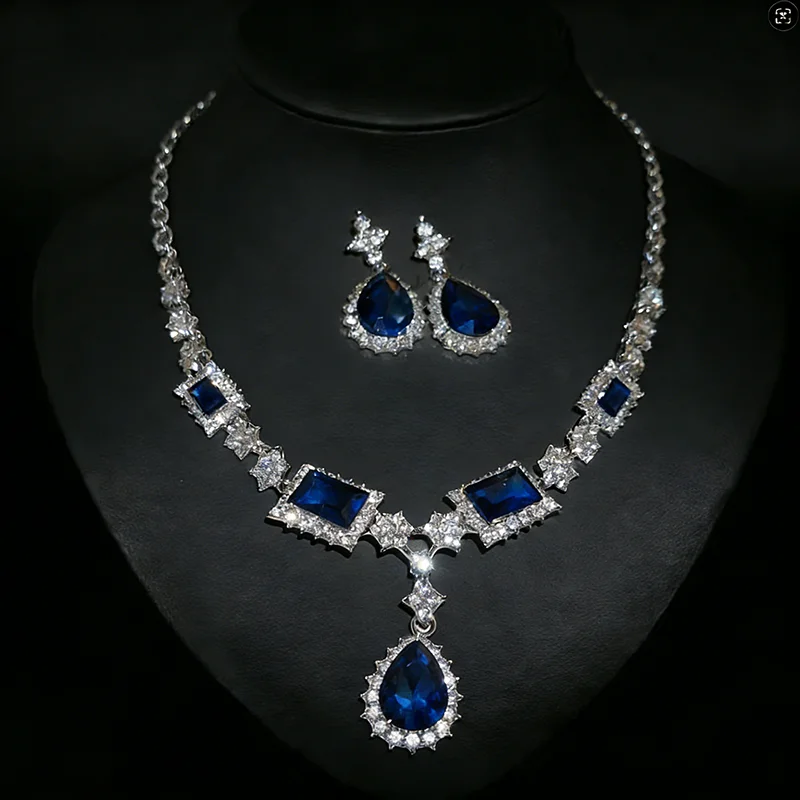 Luxury Blue Square Rhinestone Bride Jewelry Set Water Drop Square Pendant Necklace Drop Earrings Luxury Party Prom Accessories A