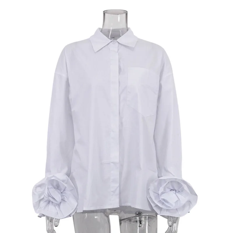 EAEOVNI 3D 꽃 슬리브 스플 라이스 디자인 여성을위한 패션 셔츠 화이트 옷깃 다목적 블라우스 캐주얼 2025 새로운 의류 1A967