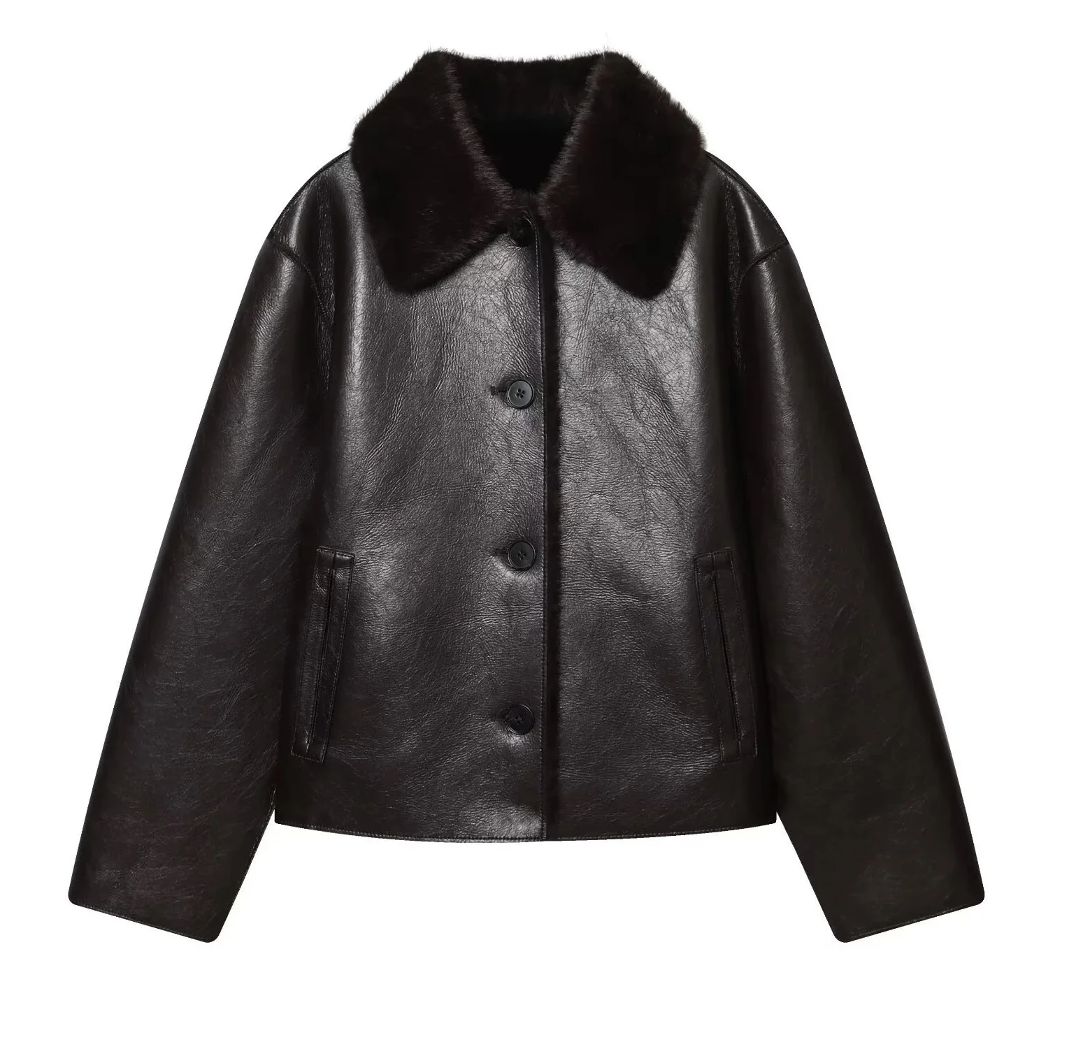 

autumn new women's casual fashion simple loose versatile lapel long sleeve double-sided imitation leather jacket