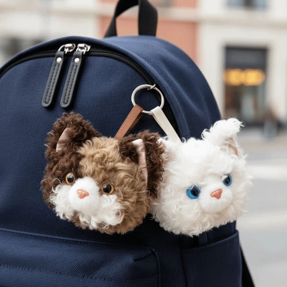 Stuffed Animal Charm Curly Fur Cat Key Chain Mini Cute Kitten Key Ring Miniature Faux Fur Plush Bag Pendant Teens