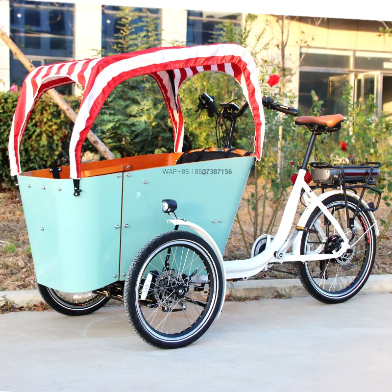 New Model Electric Cargo Bike Three Wheel Bicycle with Round Wood Box Dutch Cargo Tricycle Ebike Motorized Bike Carry Children