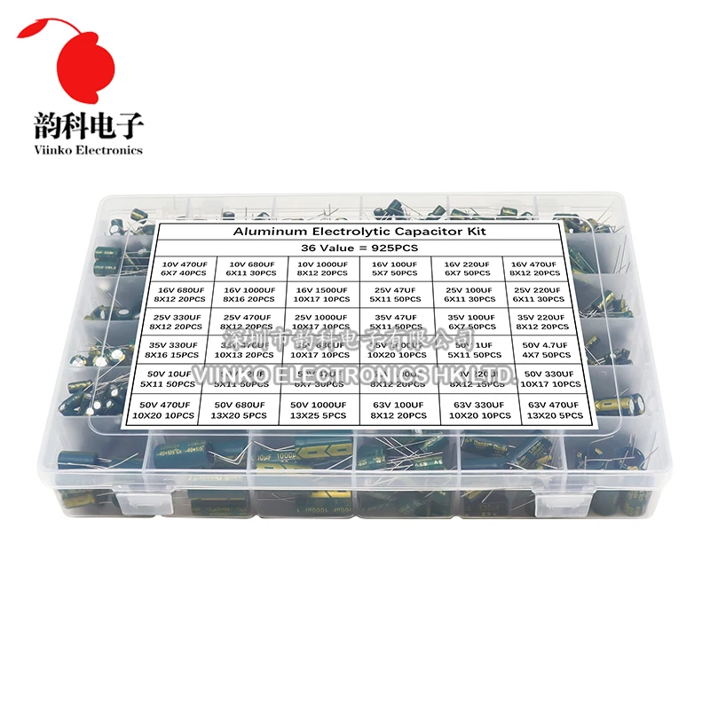 

925pcs 36Values High Frequency Low ESR Aluminum Electrolytic Capacitor Kit 1uF 4.7uF 10uF 22uF 47uF 100uF 220uF 330uF 470uF