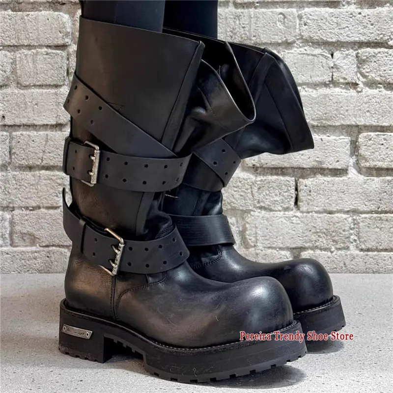 Men's Retro Belt Buckle Motorcycle Boots Autumn Winter Trendy Round Toe Thick Soled Long Boots Punk Height Increase Couple Shoes