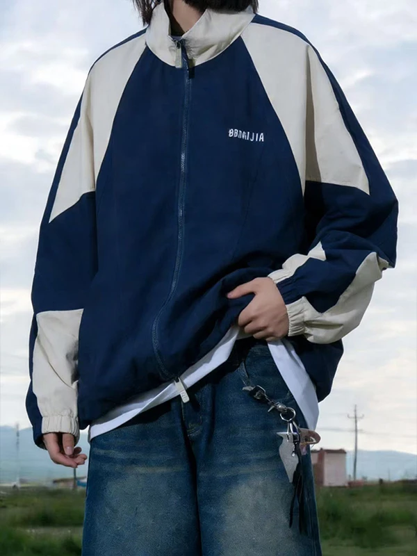 

Ретро-куртка в американском стиле с отложным воротником, свободного кроя, с контрастными вставками, повседневная, для мужчин и женщин, весенне-осенняя верхняя одежда, модная брендовая парная куртка