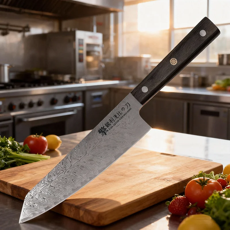 

Professional kitchen knife, Damascus steel textured Japanese Santoku knife, chef's cooking knife, slicing and meat cutting knife