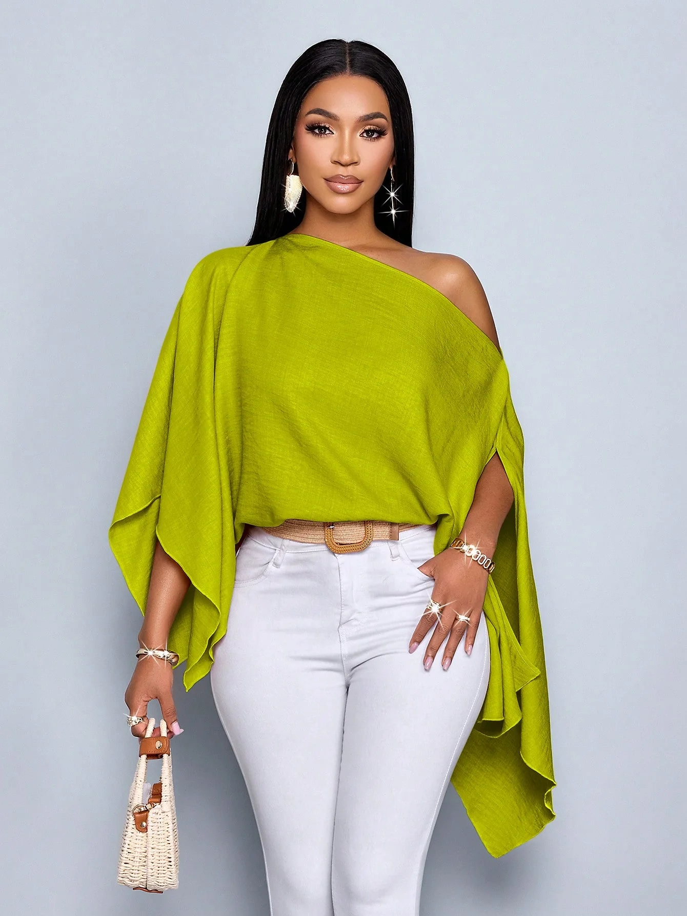 

Women's One-Shoulder Cape-Sleeve Asymmetric Hem Linen Blouse