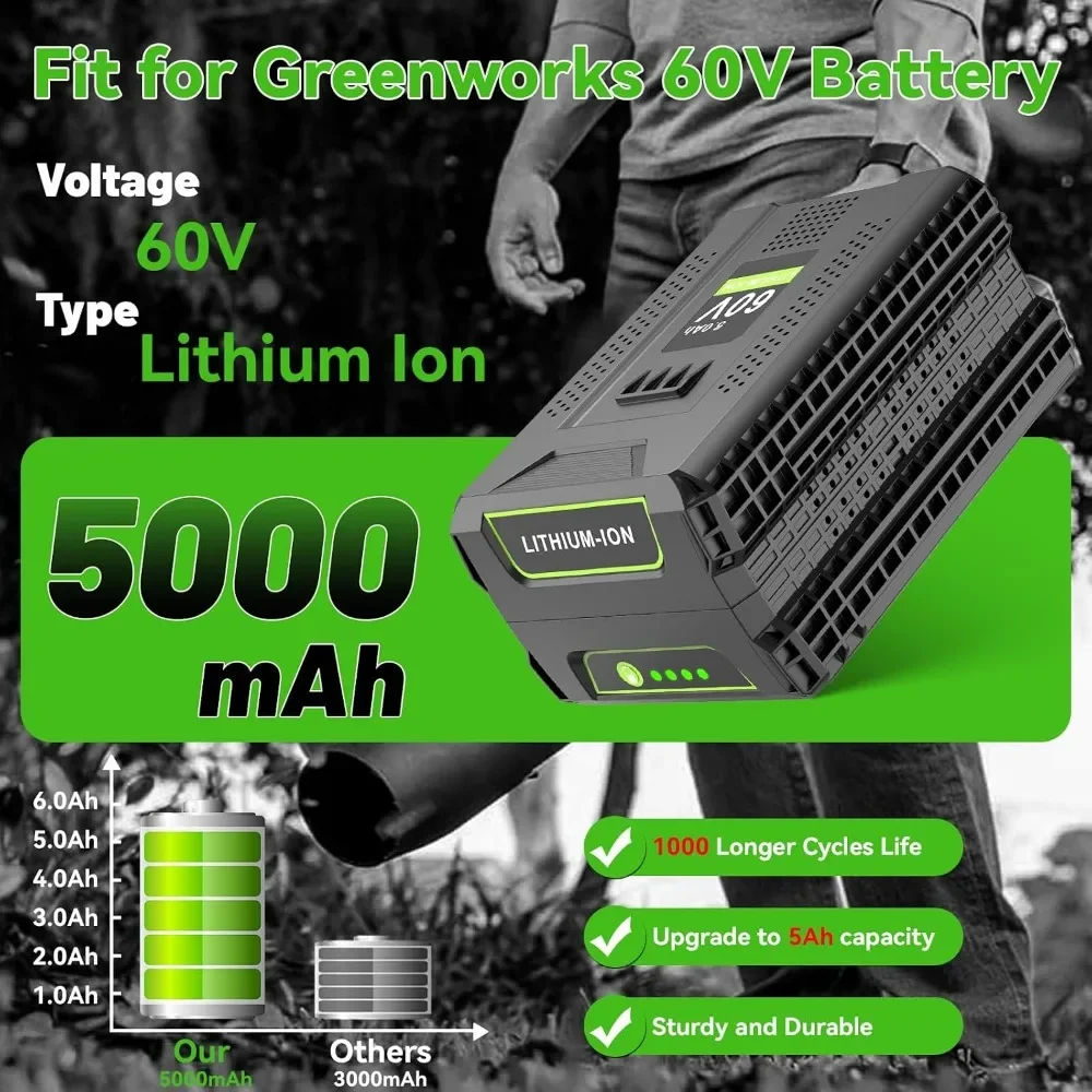 2 Packs 60V 5.0Ah Replacement Batteries for 60V Lawn Mowers and Power Tools
