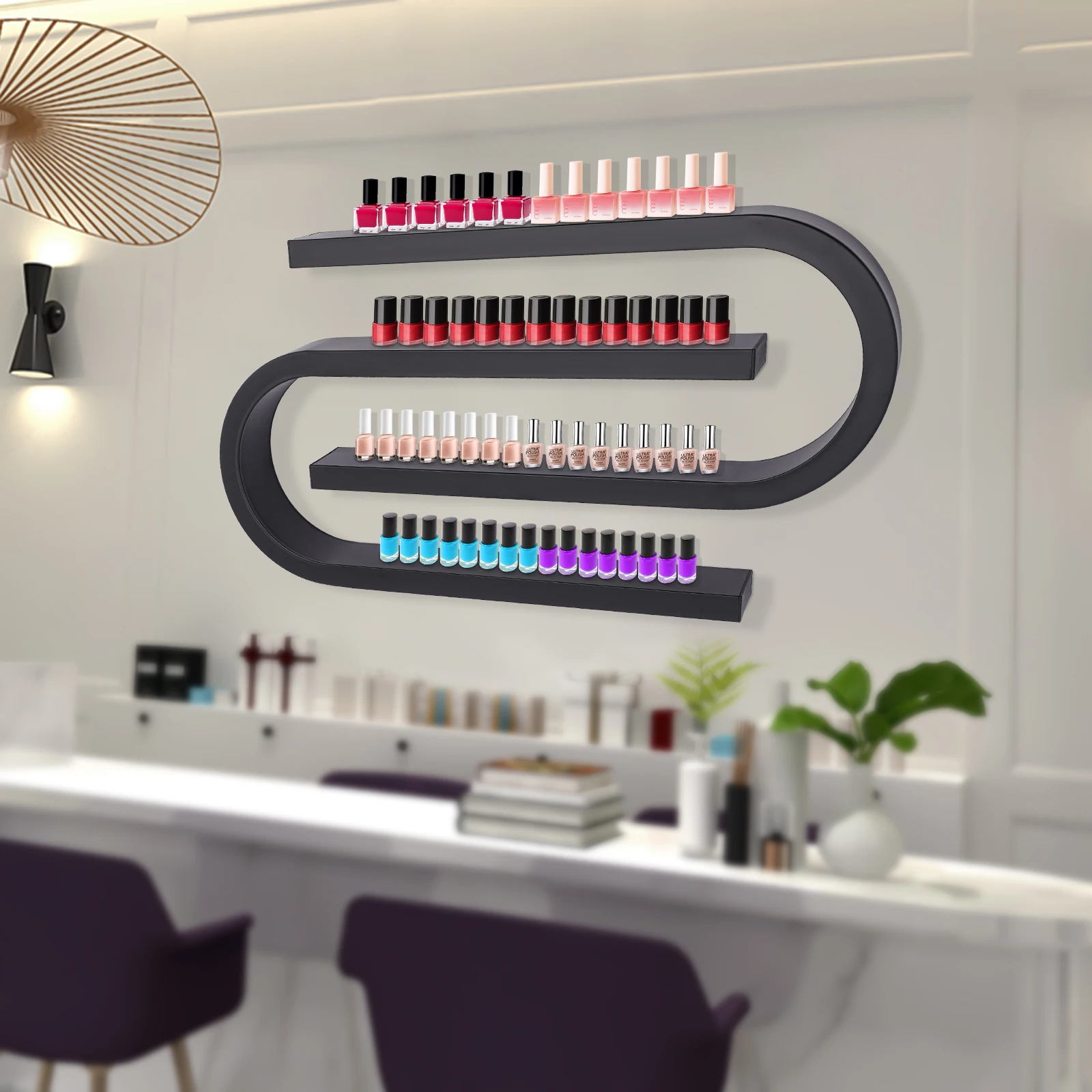 

Easy-Assemble Black Wall-Mount Nail Polish Rack - Precise Mounting Holes&Complete Accessories, Modern U-Shaped Design