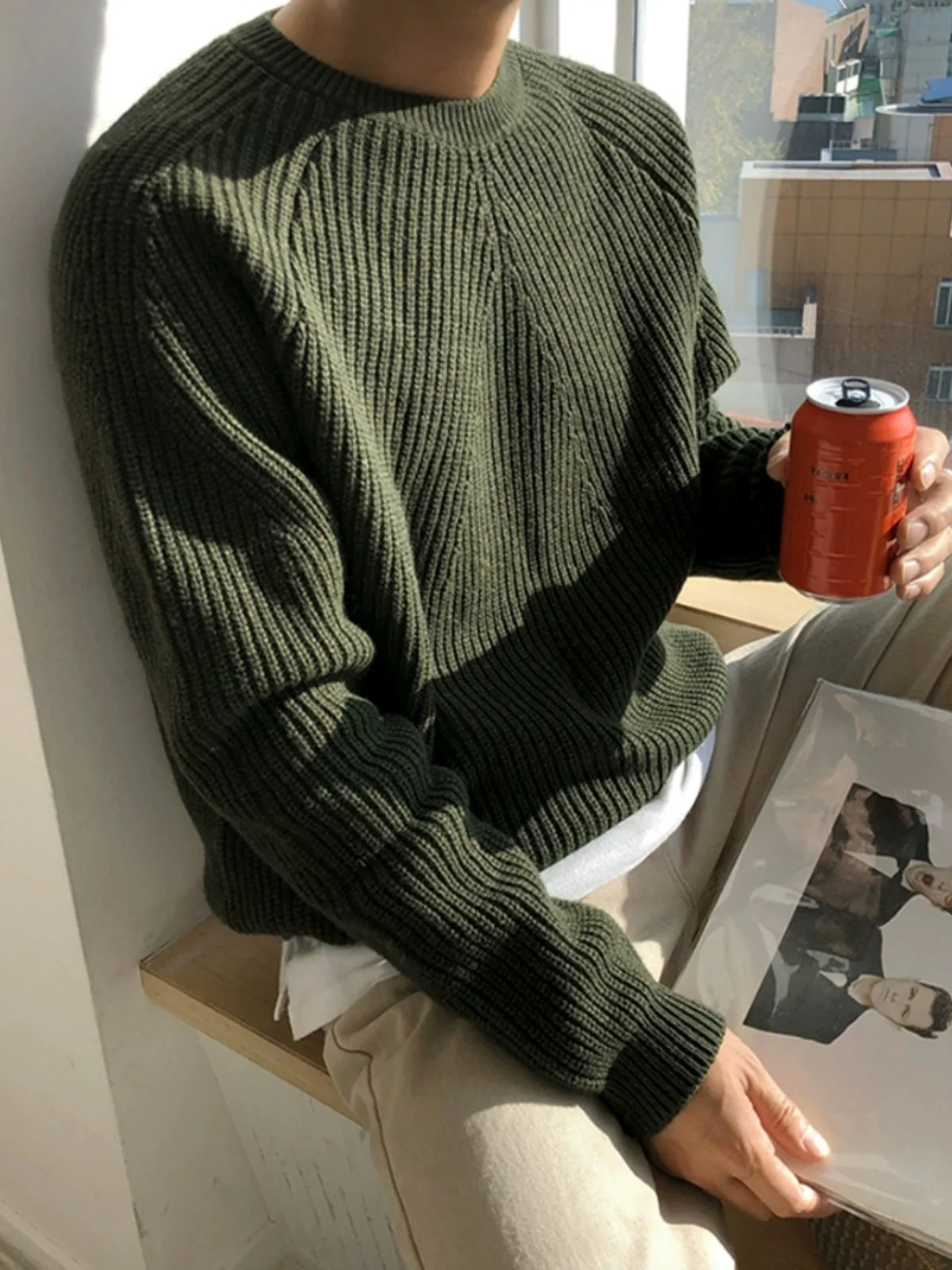 

Мужской новый однотонный вязаный свитер свободного кроя в стиле милитари, базовый слой, модный бренд, весна-осень, с длинным рукавом