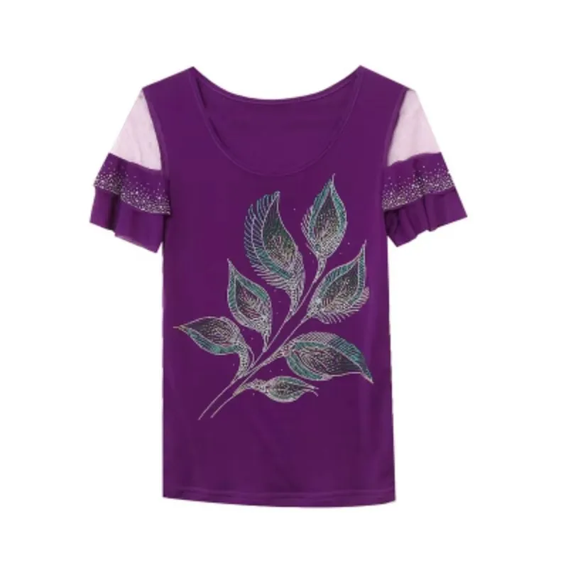 New 2025 Summer Design Short Sleeved Women's T-Shirt High Quality Fashion Hot Diamond Elegant Slim Chic Ruffles Mesh Top Blusas