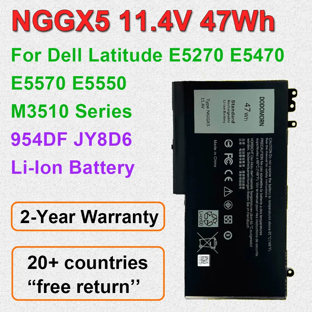 

For Dell Latitude E5270 E5470 E5550 E5570 M3510 NGGX5 Laptop Battery 954DF JY8D6 0JY8D6 11.4V 47Wh Rechargeable Li-Ion Batteries