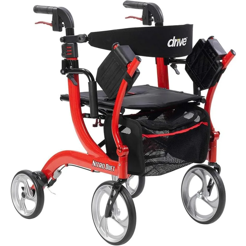 Nitro Dual Function Transport รถเข็นวีลแชร์และ Rollator Rolling Walker Combo พร้อมระบบเบรกแบบเปิดใช้งานด้วยมือและพนักพิงหลัง สีแดง