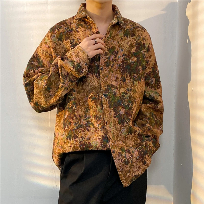 

Spring and Autumn Print Contrast Color Long Sleeve Men's Shirt Streetwear Oversized Harajuku Vintage Man Shirt 2024 B116