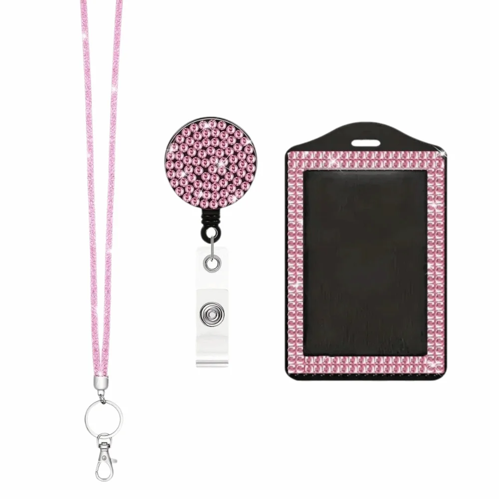 

Bling ID Holder with Lanyard Retractable Lanyard Rhinestone Decorated Retractable Badge Holder Easy Pull Buckle Elegant Design