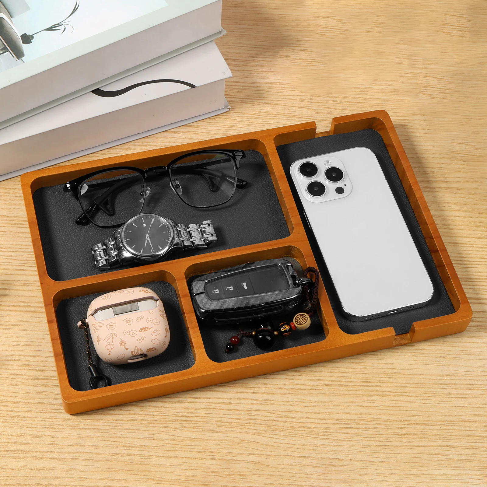 Büro-Desktop-Aufbewahrungsbox aus Holz, Valet-Tablett mit 4 Fächern, Massivholz für Brillen, Mobiltelefone, Kopfhörer, Kleinigkeiten, Organizer
