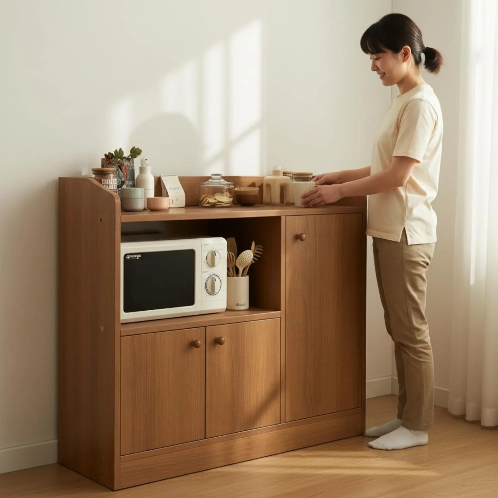Tea Station Cabinet Long-Lasting Construction Coffee Bar Cabinet Kitchen Sideboard Easy Assembly Dining Room Buffet Minimalist