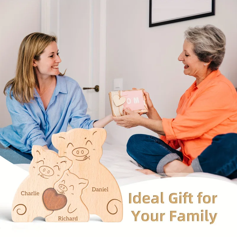 لغز عائلة الخنزير الخشبي المخصص، زينة اسم العائلة المخصصة، هدية خنزير علوية لتزيين المنزل في الذكرى السنوية لعيد الميلاد #4