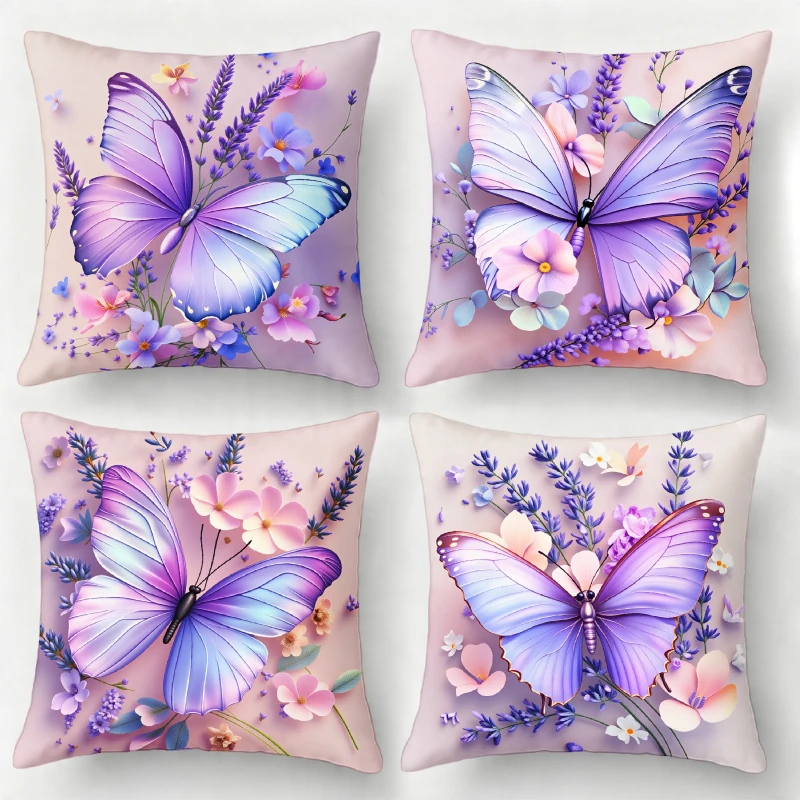 4Pcs, Lavender Butterfly Pillow Covers, Single-Sided, Zipper Closure, Washable Polyester - Perfect for Sofa, Living Room, Bedroom Decor, Decorative Pillows.