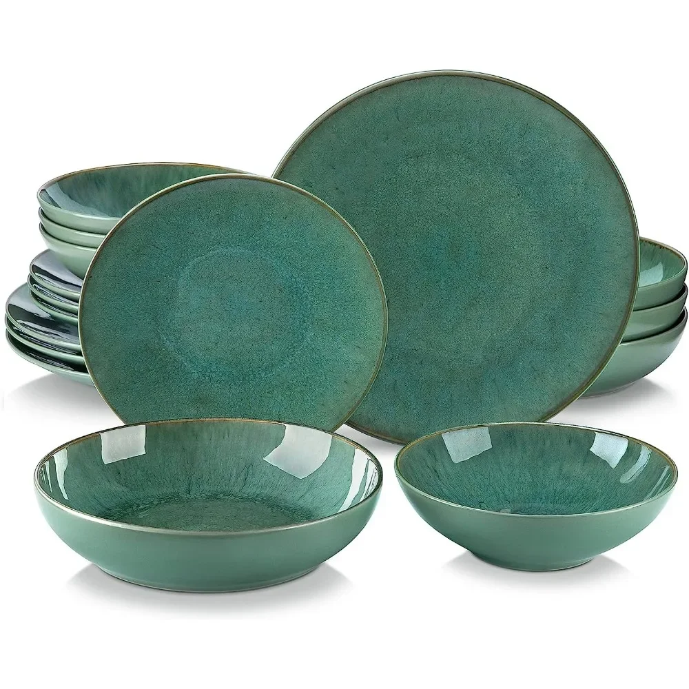 

16 Pieces Dinnerware Set, Round Dish Set, Plates and Bowls Set, Green, dishwasher and microwave safe, Suitable for gift giving