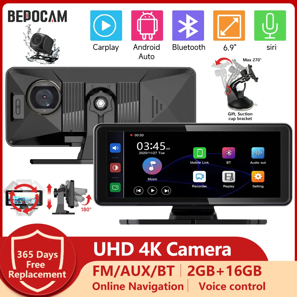 

BEPOCAM 6.9 Inch 4K UHD 1080P Car Dvr Camera Carplay Dash Cam Reversing Visual Drive Recorder FM Transmitter Voice Control ZC08