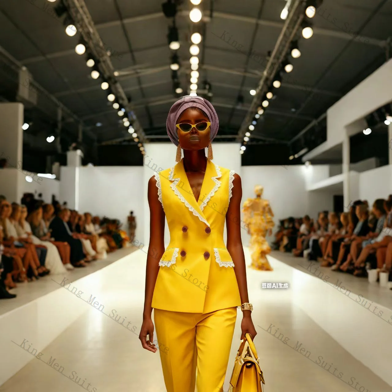 

Желтый кружевной женский костюм-двойка: жилет + прямые брюки. Хлопковый, на заказ, для офиса, свадебный, деловой, пиджак-смокинг.