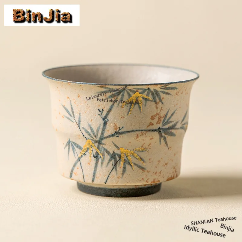 110ml Hand-painted Bamboo Gold Drawing Teacup Creative Tea Bowl Mug Tea-tasting Fragrance Cup Chazhan Master Cups For Tea Gift