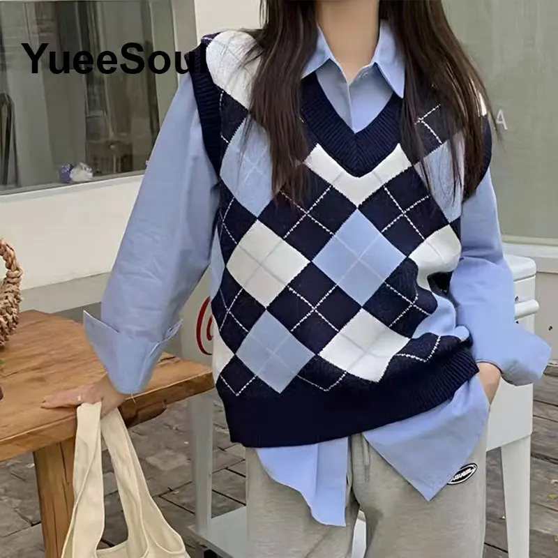 Blue Argyle Women's Vest Plaid Sleeveless Pullover Loose Knitted Sweater Vest 2025 New Autumn Y2K Casual Oversized Waistcoat