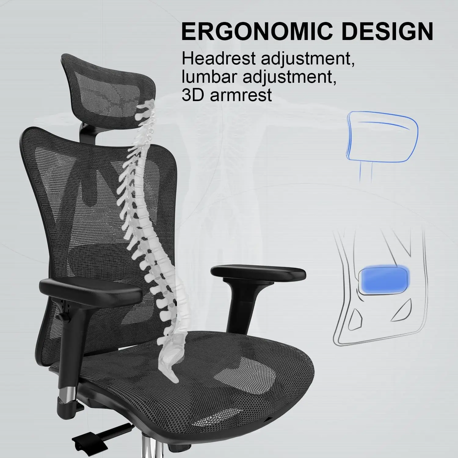 M57 ergonômica cadeira de escritório com 3 braços, apoio lombar, encosto de cabeça ajustável, função de inclinação alta, preto, EUA, novo