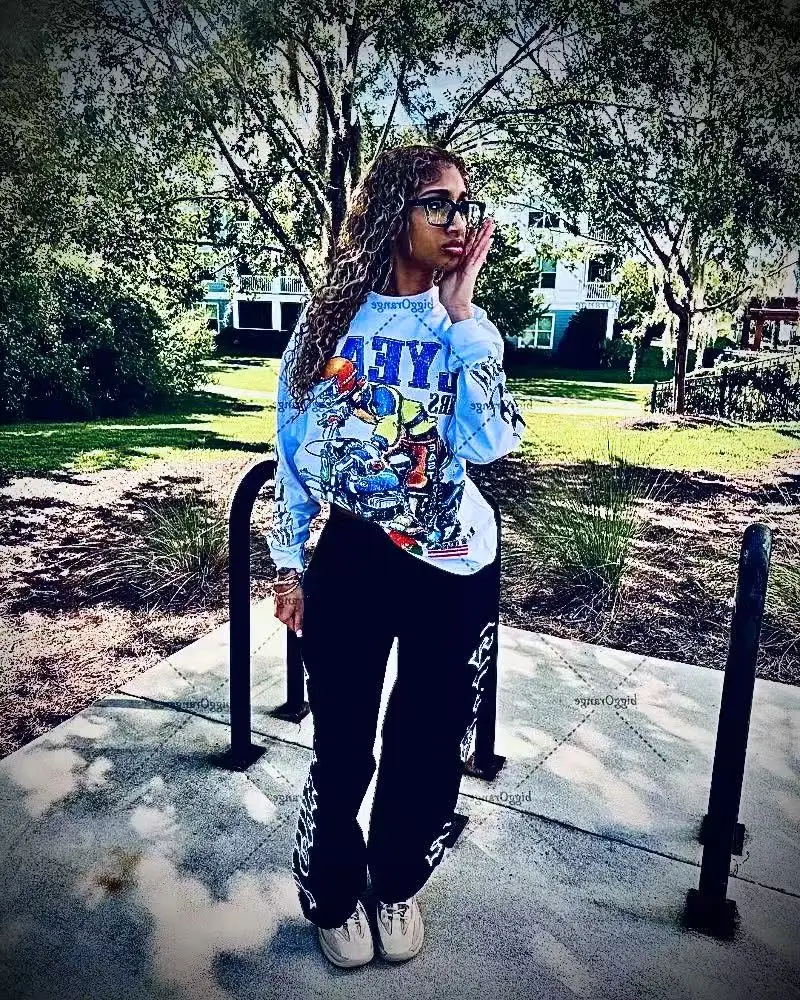 

Мода Harajuku Ретро Модный Бренд с Длинными Рукавами Аниме Мультяшный Принт Негабаритный Топ Мужская Y2k High Street Хип-Хоп Универсальная Футболка