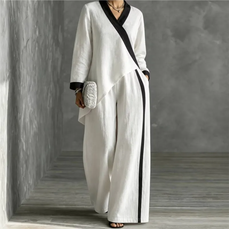 New Color Blocked Two-piece Set Women's Spring Autumn Fashion V-neck Loose Top+wide Leg Pants Suit Ladies Casual Office Outfit
