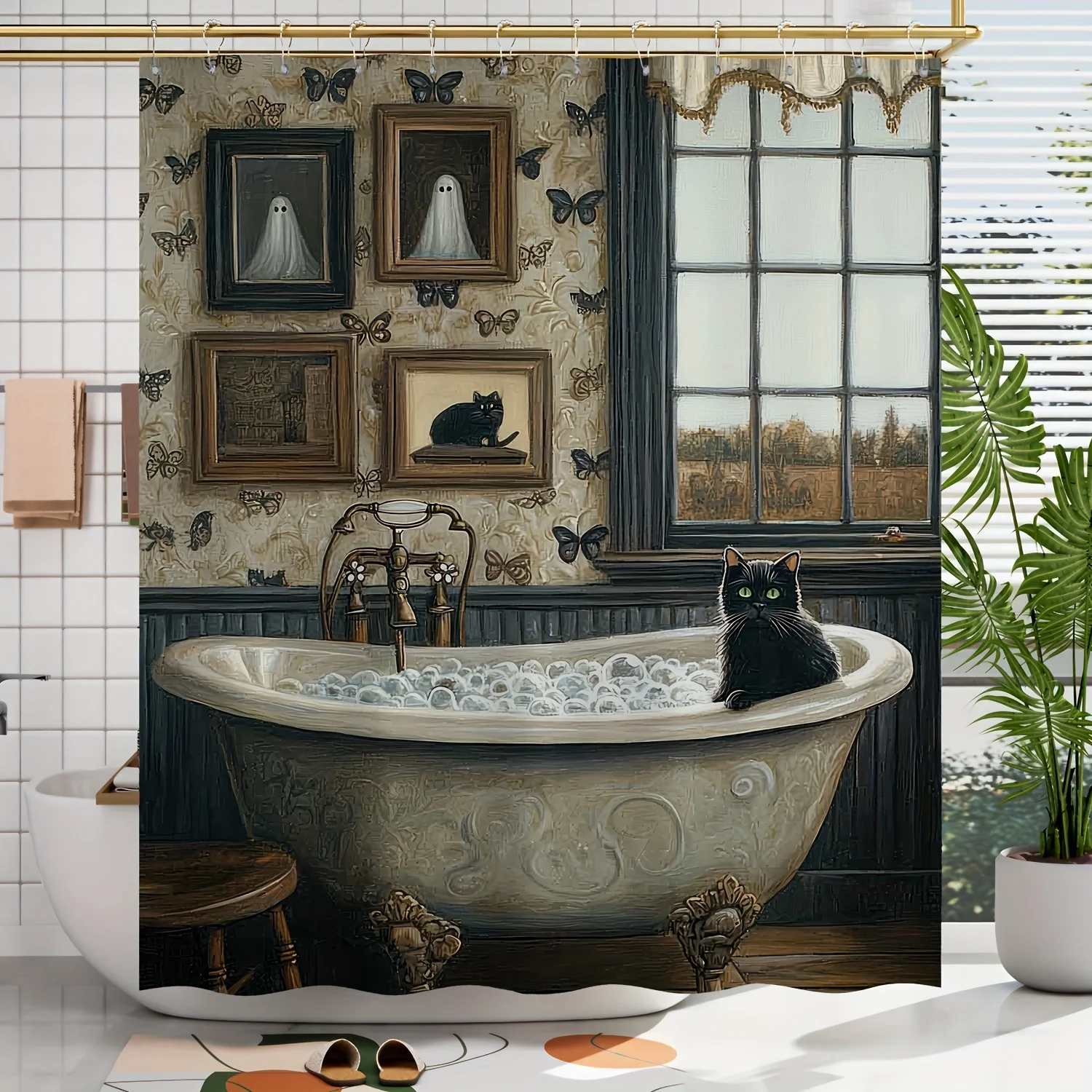 

1pc Spring/Summer Vintage European Style Bathroom Pattern Digital Print Shower Curtain, Home Decor with Free Hooks, Machine Wash