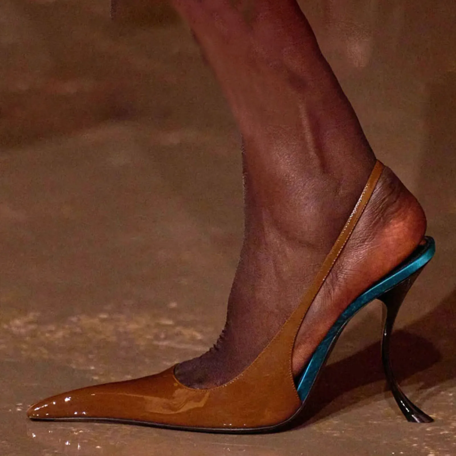 

Arden Furtado Summer Patent Leather Pointed-toe Super high heel Rear trip belt Alien heel Mixed Colors Closed toe sandals
