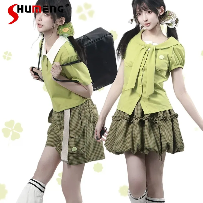 

Lucky Four-leaf Clover Green Plaid Color Block Short Sleeves Polo Collar T-shirts Summer New Chic Outfit Set Y2k Clothes Ladies
