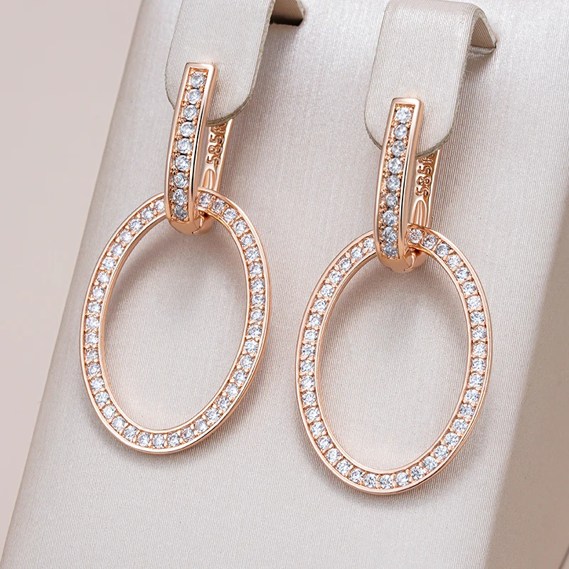 Kienl Hot Full Shiny Natural Zircon Big Drop Earring for Women 585 Rose Gold Color Unique Round Crystal Daily Vintage Jewelry