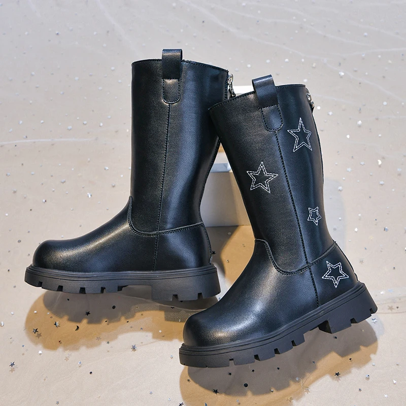 Star Solid Children Fashion Boots Autumn Winter Leather Plush Girls Knee-length Boot Warm Zip Non Slip Tide Kids Boots Hot Sale