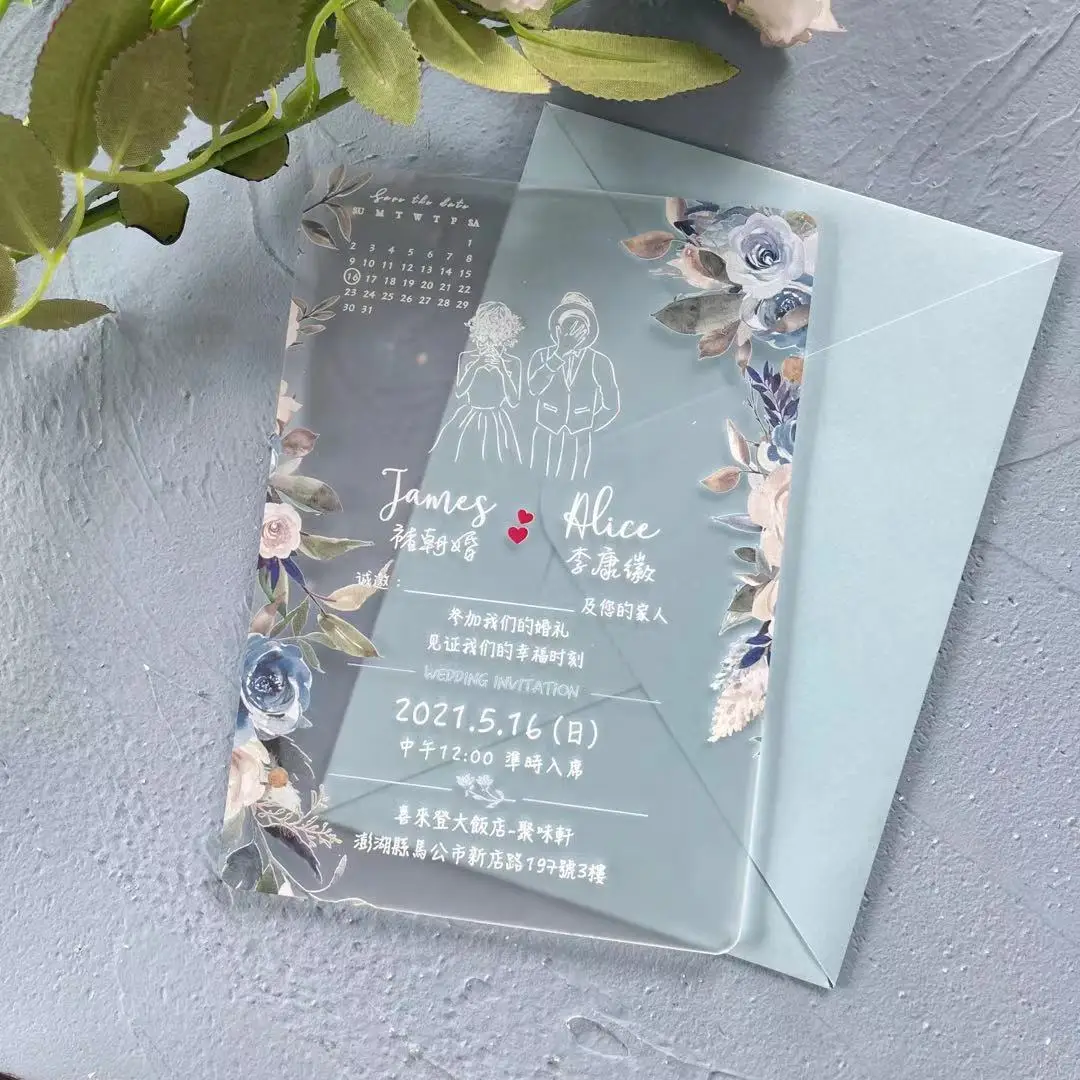 Blue Navy Flowers Wedding Invitations Personalized Wedding Invitation Acrylic Invitation Cards with Envelopes Gifts for Guests