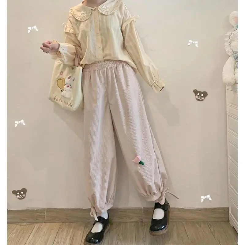 Zomer Japanse Stijl Lantaarnbroek Schattige Casual Dames Hoge Taille Effen Stropdasbloemen Trekkoord Losse Rechte Harlan Broek