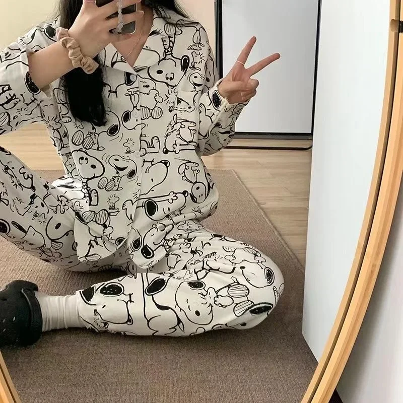 Kawali Peanuts Snoopy Cartoon Pajamas Home Wear Long Sleeved Pants Set Milk Silk Comfort Ins Girl Birthday Gift For Girlfriend