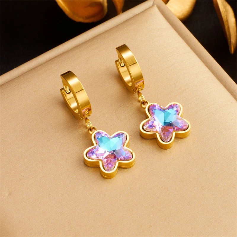 DIEYURO 316L Stainless Steel Butterfly Pentagram Colorful Purple Crystal Earrings For Women Girl Luxury Jewelry Holiday Gift