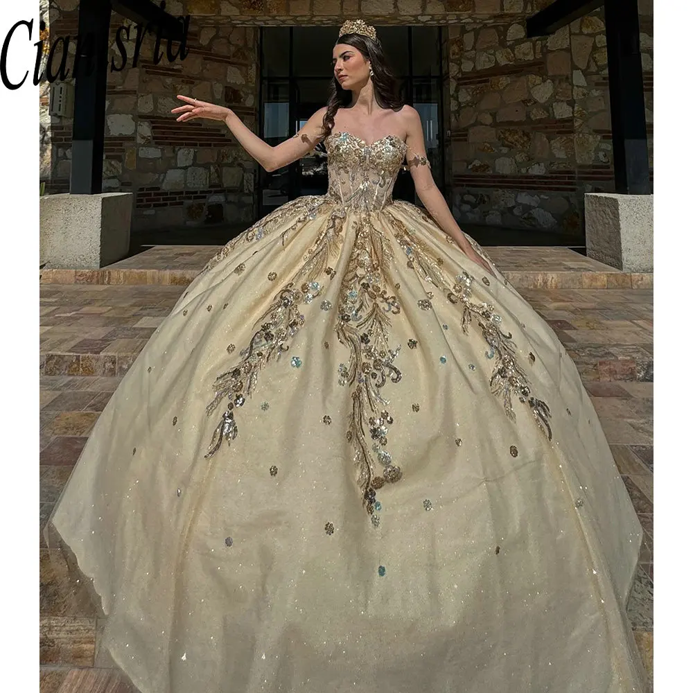 

Gold Sequined Flowers Quinceanera Dresses Off The Shoulder Appliques Lace Corset Ball Gown Sweet 15 Robe