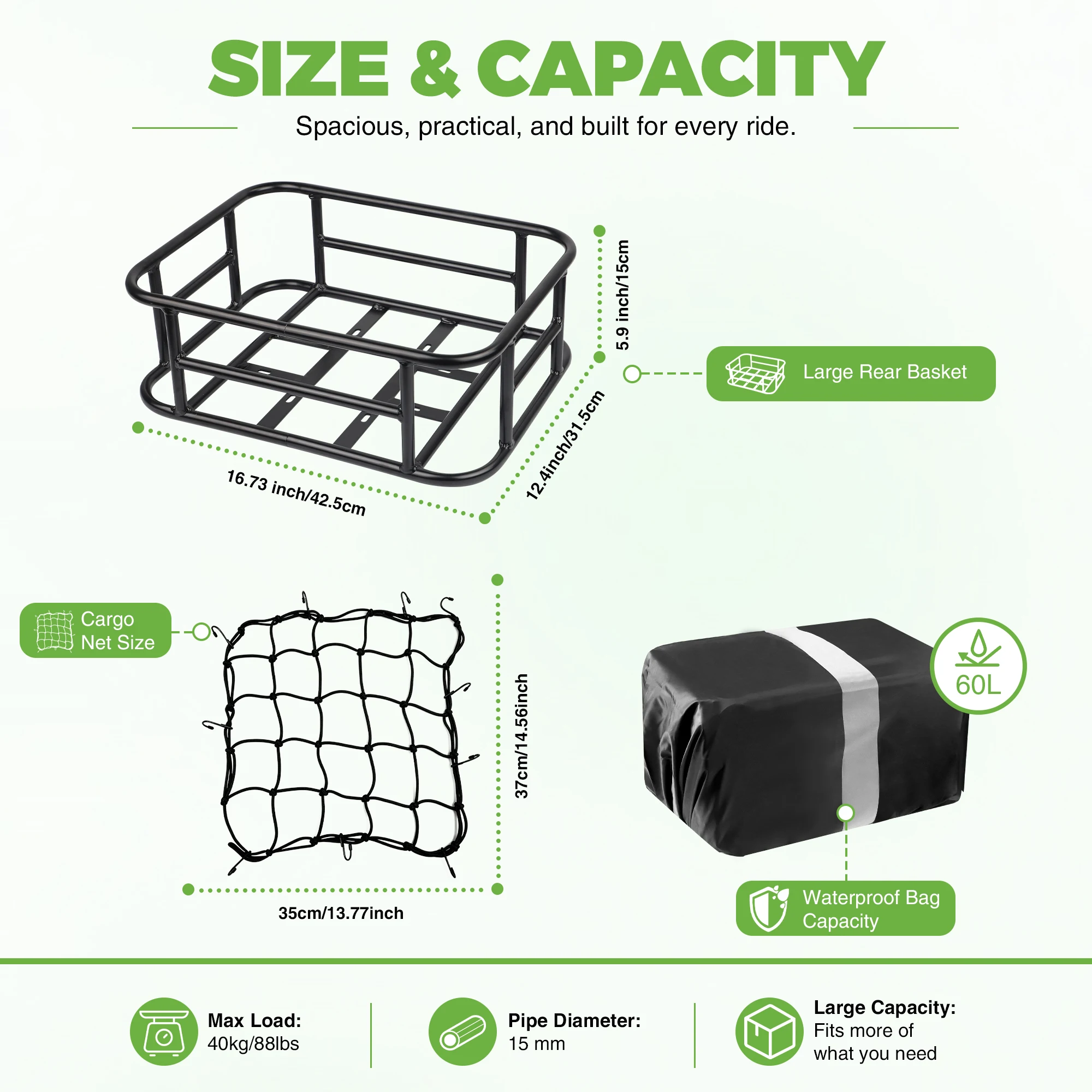 ZUKKA Rear Bike Basket Metal Bicycle Cargo Basket with Liner Bag,Cargo Net,Waterproof Cover for Bikes Rear Rack view 2