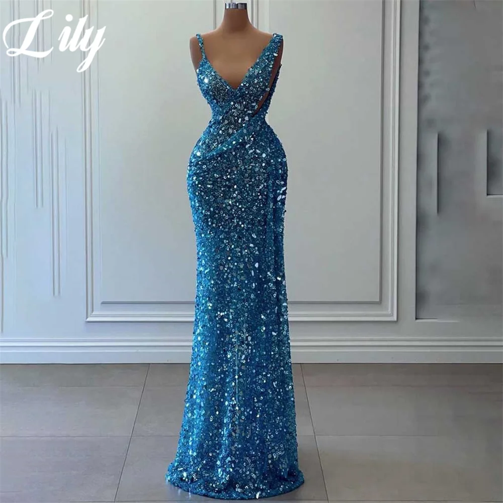 

Lily Blue Evening Gown Trumpet Sleeveless Prom Dresses Pleat Spaghetti Strap V-Neck Evening Dress with Sequins robes de soirée