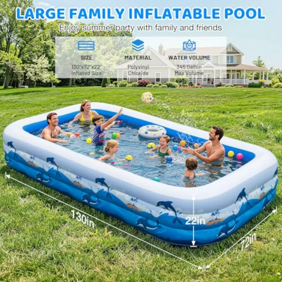 Inflatable Pool for Adults, 130 x 72 x 22 Large Family Blow Up Pool for Backyard, Thickened PVC Kiddie Pool Above Ground Pool, view 3