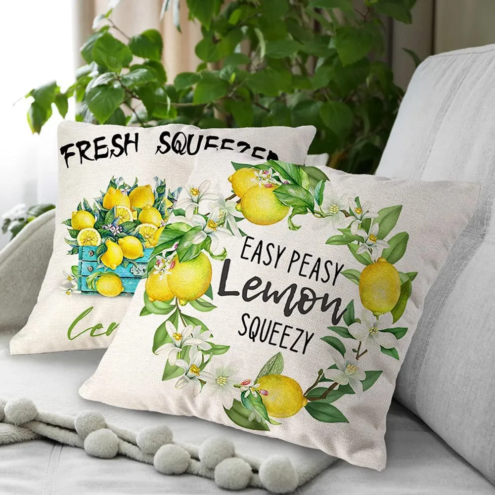 L65A-Summer Lemon Pillow Covers 18X18 Inches Set Of 4, For Sofa Decorative,Farmhouse Throw Pillow Covers For Home Decor
