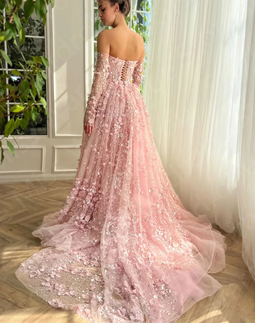 Exquisite Pink Evening Dresses Lace 2024 Prom Party Gowns Off Shoulder Sleeve Strapless Sequined Wedding Guest Dress Flowers